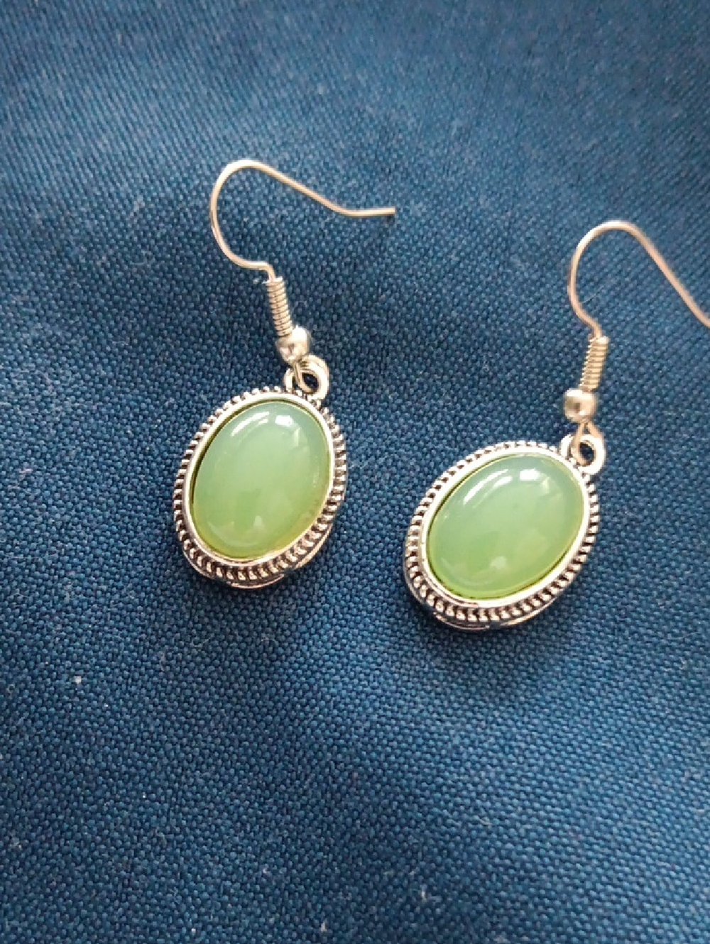 Green Oval Stone Drop Earrings with Silver-Tone Setting